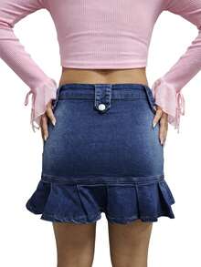 Chân váy ngắn xếp ly denim dành cho nữ, chất liệu co giãn vừa phải, kiểu dáng thời trang màu xanh denim. - Màu xanh lam - Xem 4