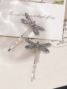 2 Pcs Women's Vintage Silver Dragonfly Hair Clips, Personalized Side Bang Clips, Daily Small Hairpins, School Stuff, Bobby Pins, Hair Accessories, Head Accessories, Hair Accessories For Women - 復古銀色 - 查看 5