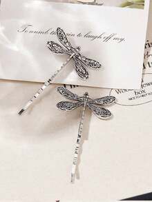 2 Pcs Women's Vintage Silver Dragonfly Hair Clips, Personalized Side Bang Clips, Daily Small Hairpins, School Stuff, Bobby Pins, Hair Accessories, Head Accessories, Hair Accessories For Women - 復古銀色 - 查看 7