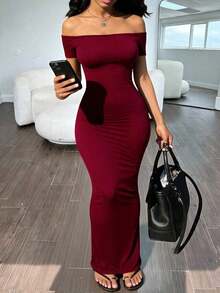 Vestido corto de mujer de manga corta y hombros descubiertos de color café sólido - Burdeos - Ver 1
