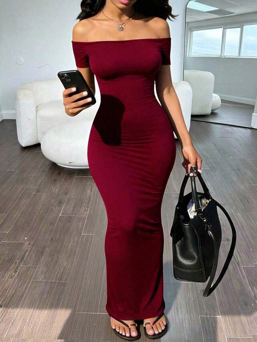 Vestido corto de mujer de manga corta y hombros descubiertos de color café sólido - Burdeos - Ver 1