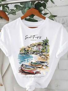 DrmWander Women's Graphic T-Shirt, Casual Urban Style Short Sleeve T-Shirt, Cute Summer Top - 白色 4 - 查看 4