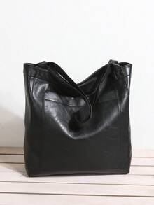 Large Capacity Tote Bag, Retro Faux Leather Handbag With Front Pocket, Suitable For Work And Travel - Black - View 10
