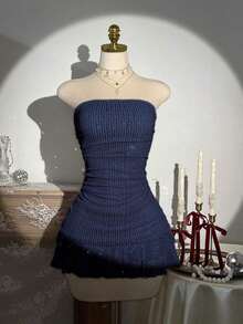 Vestido de verano con volantes con lentejuelas y sin tirantes para mujer - Azul marino - Ver 4