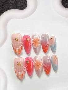 10片溫柔海洋風手工穿戴甲，Polygel美甲套組，手工雕塑3D花朵、貝殼、水滴造型，橘色與藍色指甲油，溫柔風格，附美甲工具，3種尺寸可選，杏仁形、鴨嘴形、棺材形，適合派對、舞蹈、日常穿戴 - 彩色 - 查看 13