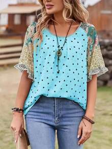 新款优雅休闲加大码女式小爱心印花褶皱拼接喇叭袖时尚日常度假T恤，春夏款 - 淺藍色 - 查看 3