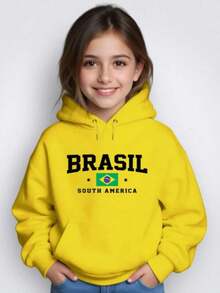 Children's Kangaroo Hoodie Sweatshirt, Winter Style, Brazil, South America, Soccer, World Cup, Boy/Girl - Màu vàng - Xem 3