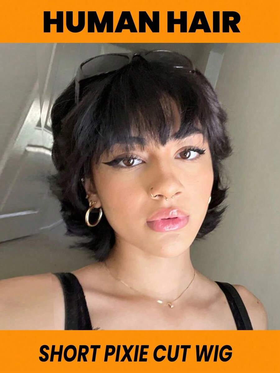 Elegant Short Pixie Cut Human Hair Wigs Natural Black Glueless Full Machine Made Wig 150% Density Natural Straight Remy Human Hair Wigs With Bang For Women - SNatural - Xem 1