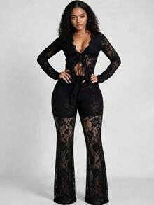 Women's Sexy White Lace Two-Piece Outfit With Deep V Neck Long Sleeve Top And Long Pants Semi-Sheer Knot Details Trajes Elegantes De Mujer Night Out Outfit Summer Vacation Outfits - màu đen - Xem 2