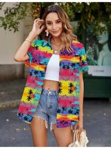 Hawaiian Shirts For Women Tropical Floral Button Down Short Sleeve Blouses Summer Beach Shirt Vacation Tops, 5XL Oversize Soft Cool V Neck - 熱帶椰子粉 - 查看 4