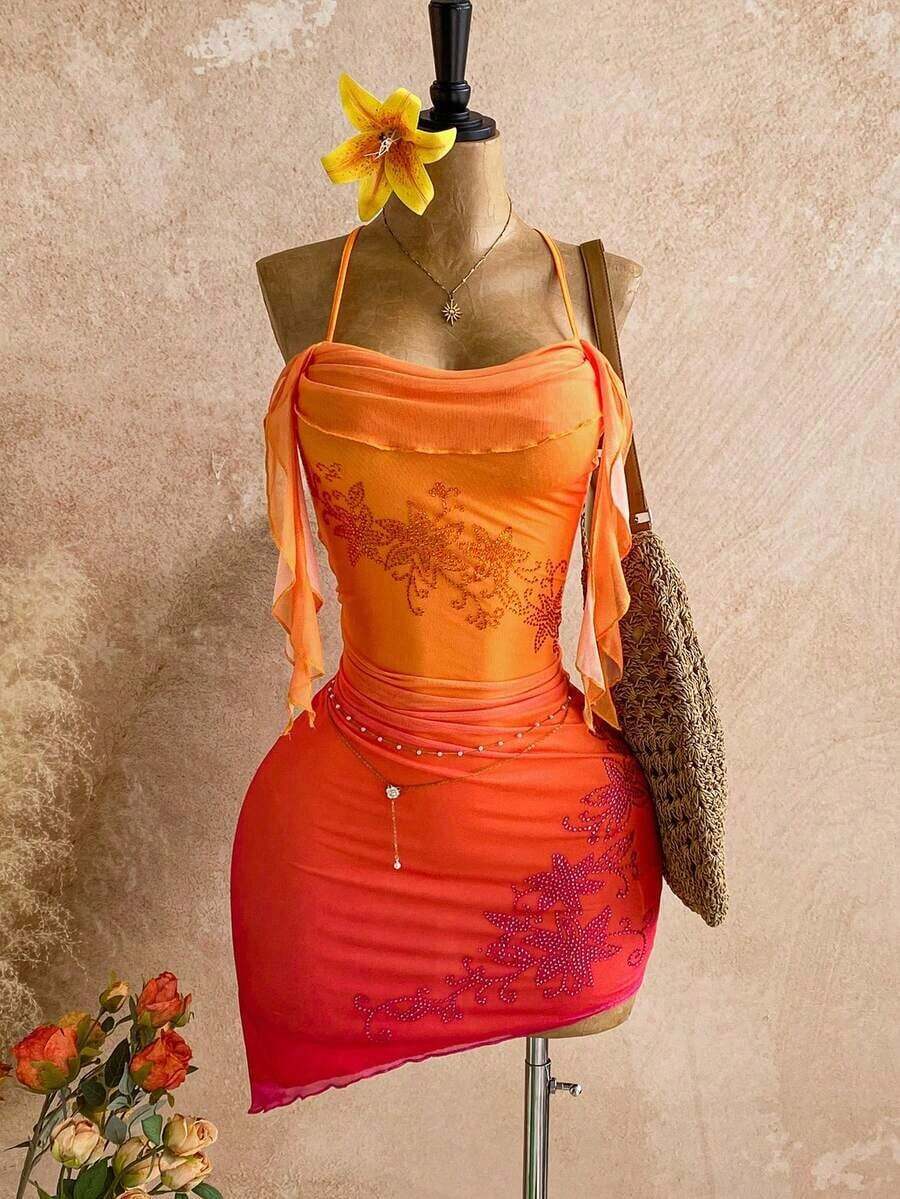 Vestido mini con volantes, gradiente naranja atardecer, con flores de strass, adecuado para vacaciones, citas, té de la tarde, playa, crucero, vacaciones en la isla, viaje a la ciudad, festival de música, vacaciones bohemias, fiesta, se puede usar dentro o fuera, conjunto de playa - Naranja - Ver 1