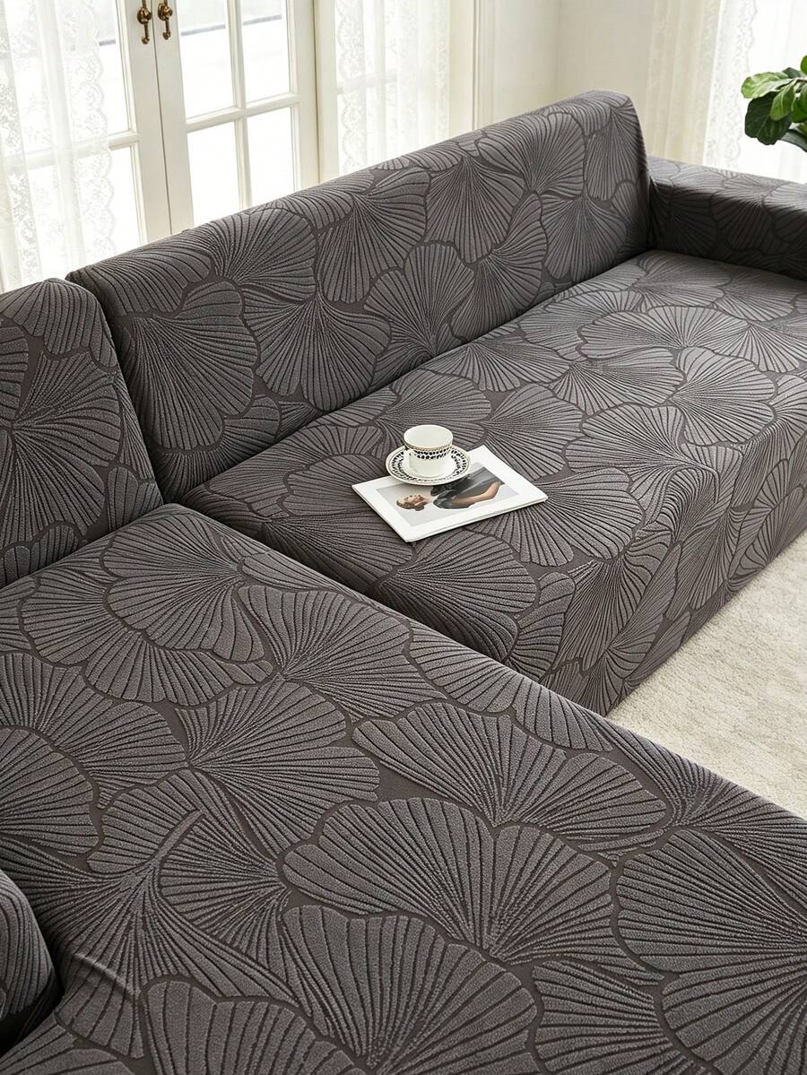 1pc Plush Fleece Dark Gray Leaf Pattern Stretch Sofa Cover (Pillow Cover Not Included), Nordic Modern Style Polyester Dust-Proof Anti-Slip Thickened Sofa Slipcover, Fits 1/2/3/4 Seater Sofa, Suitable For All Seasons Sofa Decor - Dark Grey - View 1