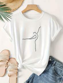 Women's Minimalist Ballerina Silhouette T-Shirt - White With Black Line Drawing - Lightweight Everyday Casual Holiday Top - Everyday Machine Washable Essential Top - 白色 - 查看 1