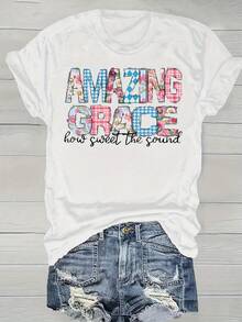 Camiseta increíble de la gracia cristiana de 1pc de las mujeres - 100% de tamaño sobredimensionado 180g cuello de la tulación de manga cortes, impresión lírica inspiradora "increíble de la gracia" con diseño de parches florales, camiseta de fe bas en la fe de toda la tempor para la iglesia - Blanco - Ver 2