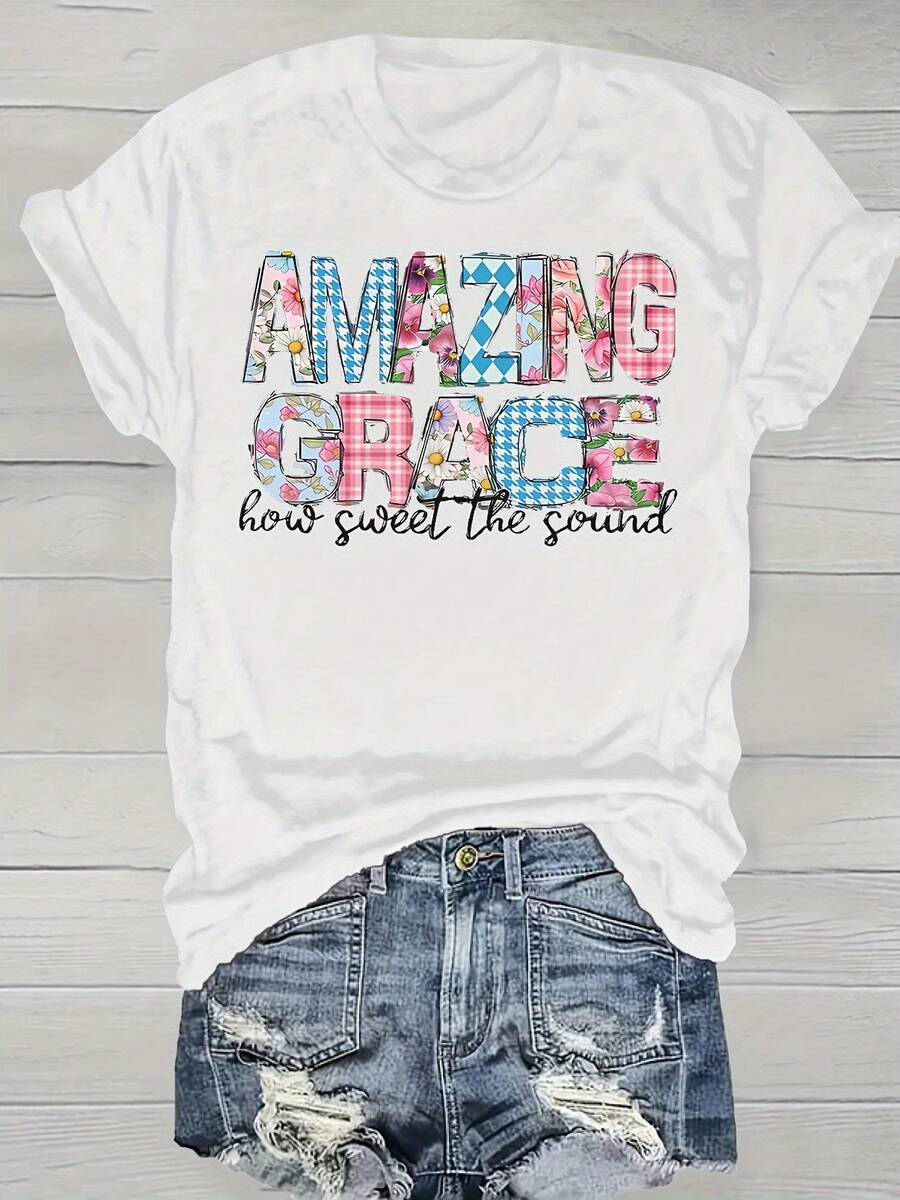 Camiseta increíble de la gracia cristiana de 1pc de las mujeres - 100% de tamaño sobredimensionado 180g cuello de la tulación de manga cortes, impresión lírica inspiradora "increíble de la gracia" con diseño de parches florales, camiseta de fe bas en la fe de toda la tempor para la iglesia