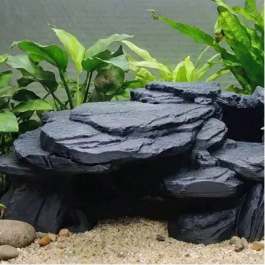 仿石水族箱及爬行动物隐藏洞穴，岩石风格鱼缸装饰，适用于鱼类、虾类、壁虎和蜥蜴，塑料材质，黑色/灰色/浅棕色