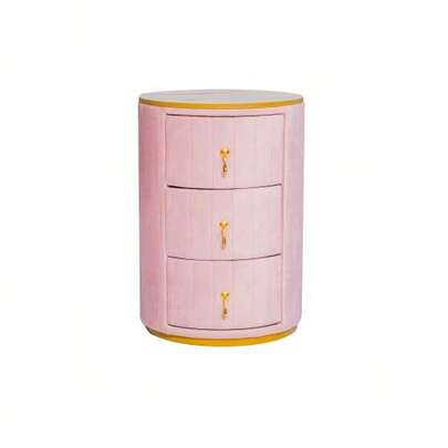 Nightstand With 3 Drawers, Round, Velvet-Covered Nightstand With Marble Top And Gold-Colored Fittings, Modern Storage Cabinet For Bedroom And Living Room, Pink