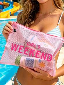 多色防水時尚網格沙灘包，附「Girls Weekend」印花彩色化妝包，沙灘主題，大容量透明化妝包，尼龍拉鍊盥洗包，輕巧，可裝防曬乳、零食、比基尼和沙灘必需品，春/夏收納 - 彩色 - 查看 7