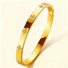 1 pieza Brazalete de acero inoxidable versátil y minimalista de moda para mujeres, con diseño de clavo con trébol de cuatro hojas incrustado - Multicolor - Ver 7