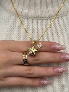 1Pc Stylish Unique Stainless Steel Necklace Features Mini Letter Pendant Designed Combination Star Heart Can Opened And Closed For Everyday Wear - Gold - View 2