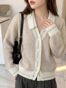 JIANHU Beige Striped V-Neck Cardigan - Autumn/Winter Knit Sweater, White Ribbed Trim And Buttons | Christmas Baking And Cozy Home - Khaki - View 10