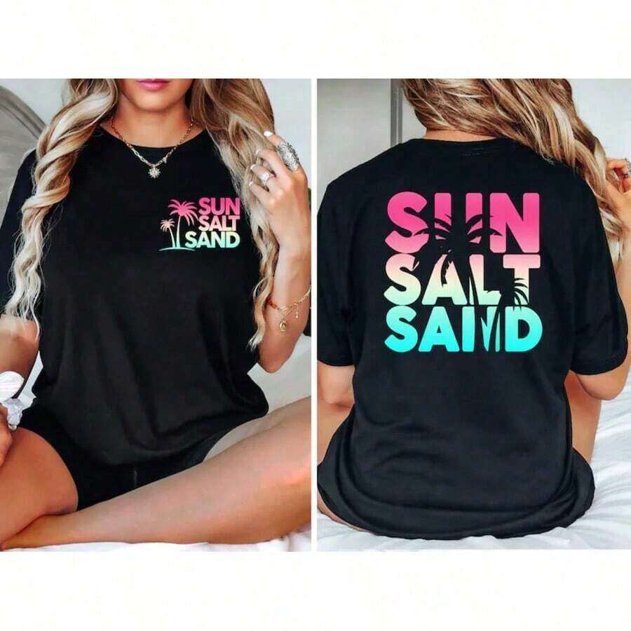 1 pieza de camiseta casual de algodón para mujer, de cuello redondo y manga corta, con estampado gráfico de estilo veraniego para uso diario, estilo vintage. - Negro - Ver 1