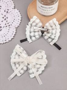 2/4入 女孩多色緞帶刺繡花朵蝴蝶結髮夾 頭飾 假日派對 親子款禮物 蕾絲髮飾 可愛甜美學生套組 混色髮簪 - 彩色 - 查看 3