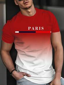 Casual Short Sleeve Top With "PARIS" Print And Blue-White Ombre, Showcasing Parisian Vibe, Made Of 100% Polyester, Lightweight And Breathable Fabric Suitable For Summer Wear - Multicolor - View 3