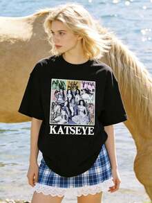Camiseta de manga corta con cuello redondo suave y casual para mujer, estampado gráfico de grupo de chicas K-Pop, adecuada para uso diario. Negra. - Negro - Ver 4