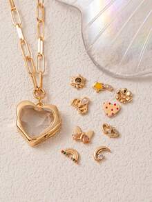1件时尚DIY精致透明心形项链，包含小饰品吊坠，可自由搭配项链，14K镀金，铜质首饰，展现女性独特魅力，适合女性日常休闲、社交宴会、音乐节等场合佩戴，也可作为护身符佩戴。 - 金色 - 查看 7