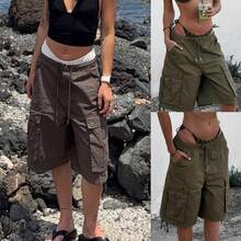 Women Bermuda Cargo Shorts Drawstring Elastic Waist Flap Pocket Knee Length Shorts For Spring Summer Vacation Street, Casual Utility Y2K Style With Loose Fit Silhouette - xanh quân đội - Xem 2