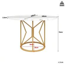Round Dining Table (100*100*76 Cm), Kitchen Table, Round Coffee Table For 4-6 People, For Dining Room, Living Room, Metal Table Legs, Geometric Table Legs, Marbled MDF Top, Gold Finish - 白色 - 查看 7