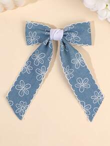 1pc Light Blue Hair Bow For Women Cute Flower Fabric Bow Alligator Clip With Tail Elegant Bow Hair Clip White Edge Bow Barrette Women Hair Accessories,Festival,Party - Baby Blue - View 2