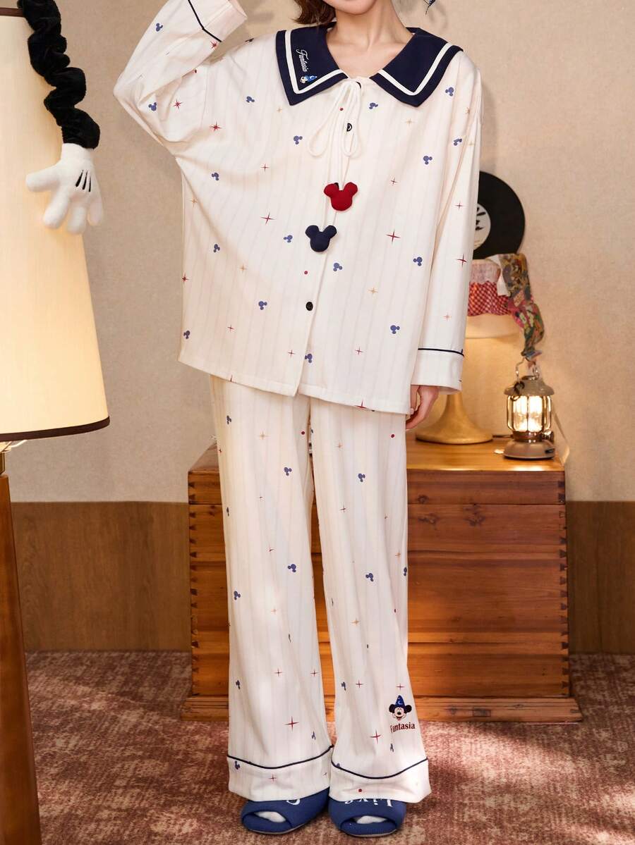Gongdie Disney 两件套迪士尼女士长袖睡衣套装，条纹米奇印花长袖纽扣睡衣和松紧腰长裤睡裤，柔软水手领家居服 - 白色 - 查看 1