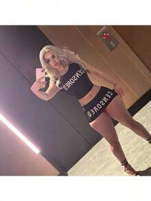 Sexy Hot Girl Slim-Fit Letter Print Fashion Mini Skirt Tank Top Set - màu đen - Xem 2