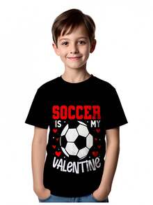 Kids T-Shirt 'Football Is My Valentine' - Football And Goal Letter Print, Comfortable Crew Neck T-Shirt For Valentine's Day, Parties, School And Summer Outfits For Young Footballers (Machine Washable) - 黑色 - 查看 6