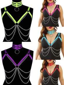 2 chiếc áo croptop bó sát kiểu Gothic dành cho nữ, kiểu dây nịt toàn thân, có thể điều chỉnh độ co giãn, hở rốn và ngực, kèm phụ kiện áo ngực. - Nhiều màu - Xem 9