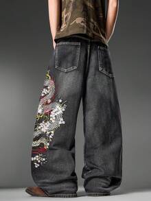 Pantalones vaqueros negros bordados para hombres de American Street, pantalones anchos y sueltos cómodos, uso casual para todas las estaciones (cinturón y accesorios no incluidos) - Negro - Ver 7
