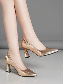 Zapatos de tacón alto de unicolor con diseño deslizante para mujer, cómodos y versátiles, adecuados para todas las estaciones - Champán - Ver 2