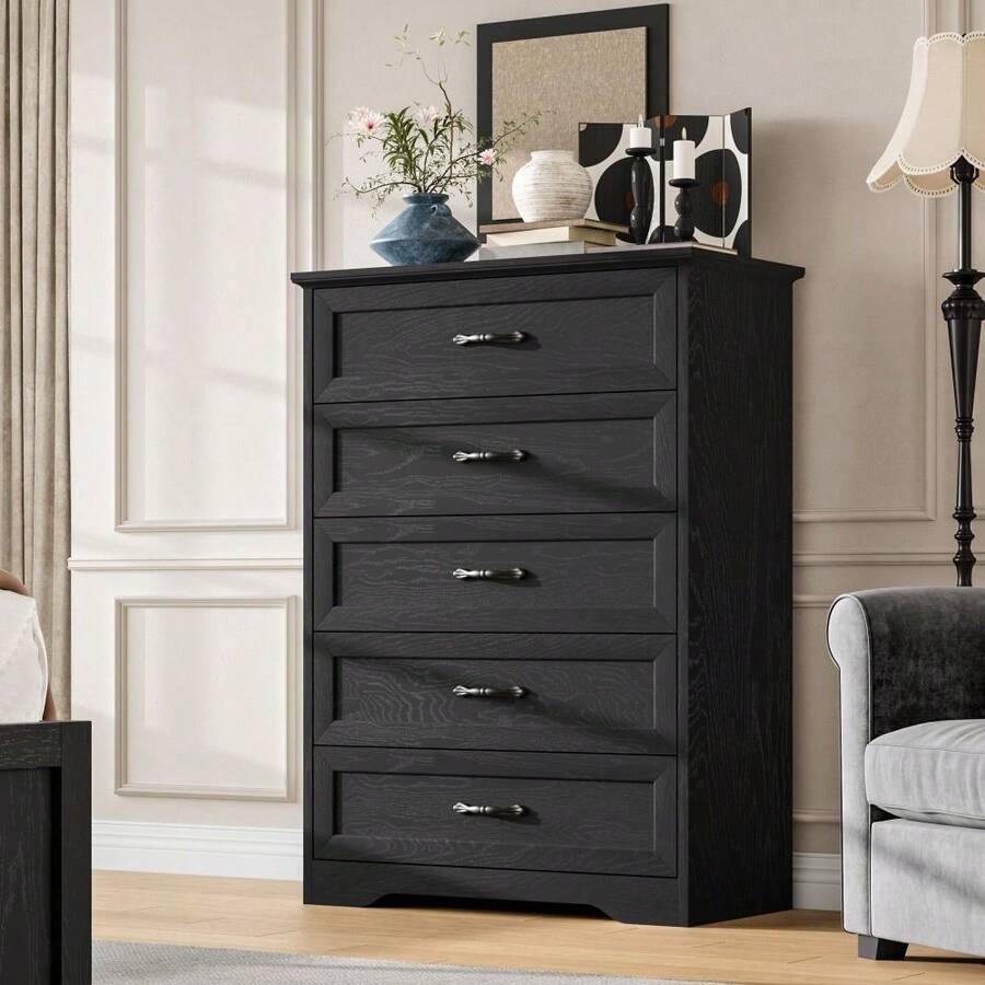 Wooden Dresser With Anti-Tip Device & Metal Handles – Chest Of Drawers For Bedroom, Living Room, Hallway & Entryway - màu đen - Xem 1