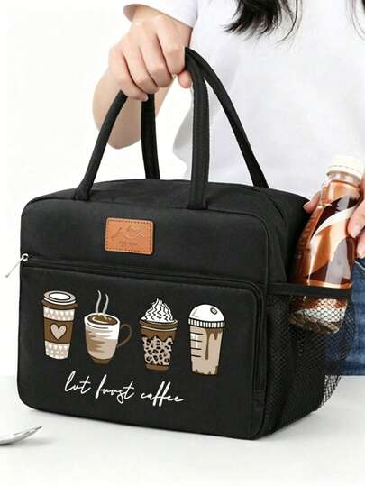 Túi giữ nhiệt có khóa kéo, in họa tiết "Bốn tách cà phê", kèm túi đựng dao nĩa màu đen, túi đựng cơm trưa hai lớp có khóa kéo, túi giữ nhiệt và làm lạnh thức ăn dung tích lớn dành cho học sinh, túi du lịch dã ngoại tiện dụng, túi giữ nhiệt cơm trưa văn phòng trường học, hộp cơm trưa công sở, hộp cơm trưa văn phòng ngày lễ, và hộp cơm trưa đa năng dùng cho học sinh đi cắm trại ngoài trời, phù hợp cho cả nam và nữ.