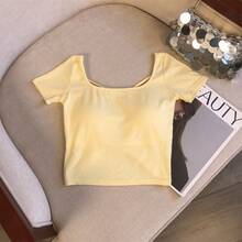 Purely Alluring Sexy Hot Girl Backless Short-Sleeve T-Shirt For Women With Built-In Chest Pads, Slim Fit, Flattering, Can Be Worn As An Outer Layer, Beautiful Back Top For Summer - Yellow - View 2
