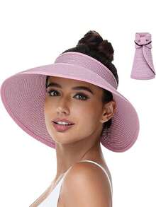 1pc Women's Wide Brim Straw Sun Hat, Summer Travel Vacation Sun Protection Beach Hat, Ponytail Suitable - A - View 3