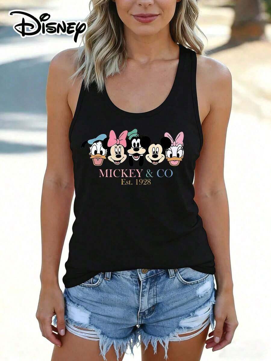 Disney Official Authorization | Women's Casual Crew Neck Sleeveless Tank Top. Printed With The Iconic Character Heads Of Donald Duck, Minnie Mouse, Goofy, Mickey Mouse, And Daisy Duck, Featuring A Retro "MICKEY & CO Est.1928" Design. Made Of Opaque Fabric, It Is Machine Washable, Versatile And Casual, And Suitable For Spring And Summer Wear. - 黑色 - 查看 1