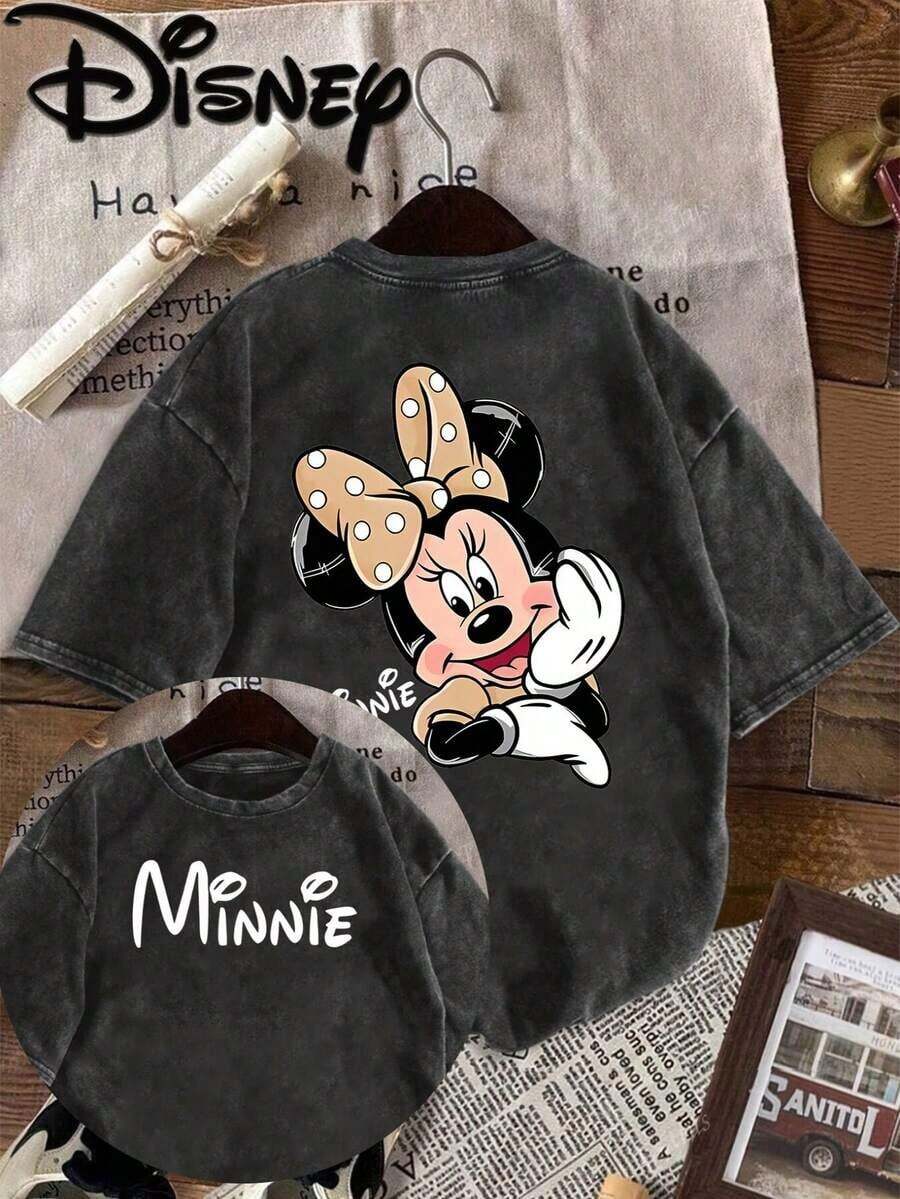 Disney Hand-Painted Style Minnie Is Printed Before And After The Expression Of Minnie Meng. It Is A Fashionable Commuter Street Style Fashion Lover's Old Washing Style Street  Men's And Women's T-Shirts In Summer Of 2026. - 黑色 - 查看 1