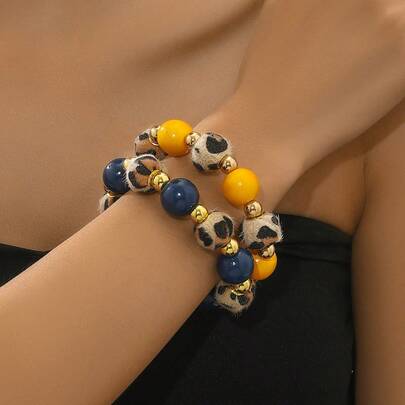 1 pulsera de mujer con cuentas con diseño de estampado de leopardo y bloques de color