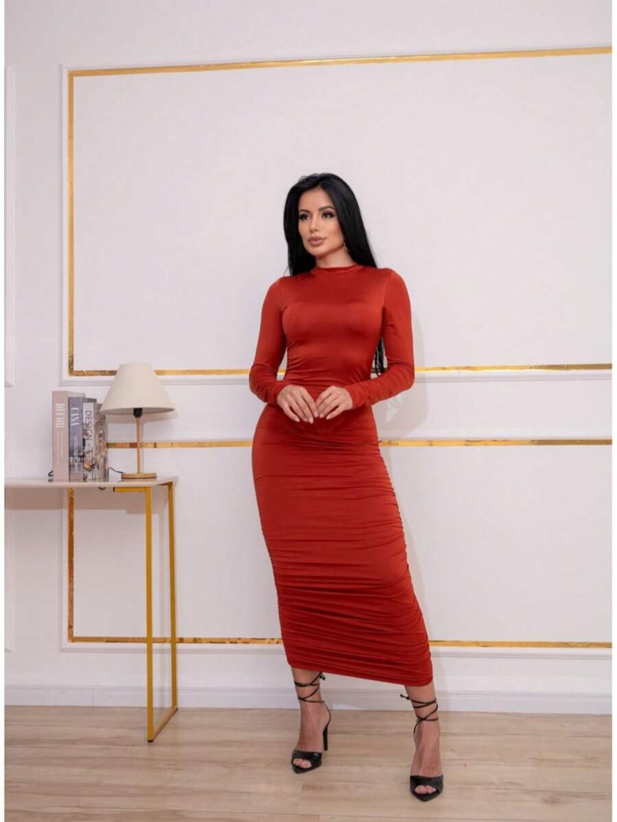 Women's Long Draped Dress, Long Sleeves, Beautiful And Sophisticated, Ideal For Your Winter. - 紅色 - 查看 1