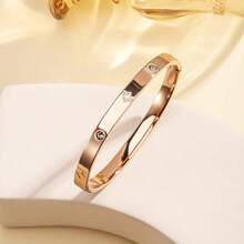 1 pieza Brazalete de acero inoxidable versátil y minimalista de moda para mujeres, con diseño de clavo con trébol de cuatro hojas incrustado - Multicolor - Ver 14