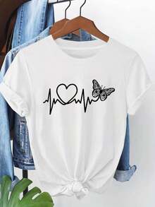 - - Estilo casual de cuello redondo de la mujer con una línea de ECG, el corazón y la maosa del patrón de la impresión para lrimavera y el verano - Blanco - Ver 2