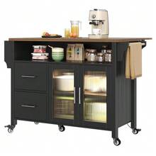 Kitchen Island With Removable Partitions, Dining Trolley With Worktop, Sideboard, Dining Trolley With Wood-Grain Glass Display Case, Side Towel Rack With Casters, Black - Black - View 1